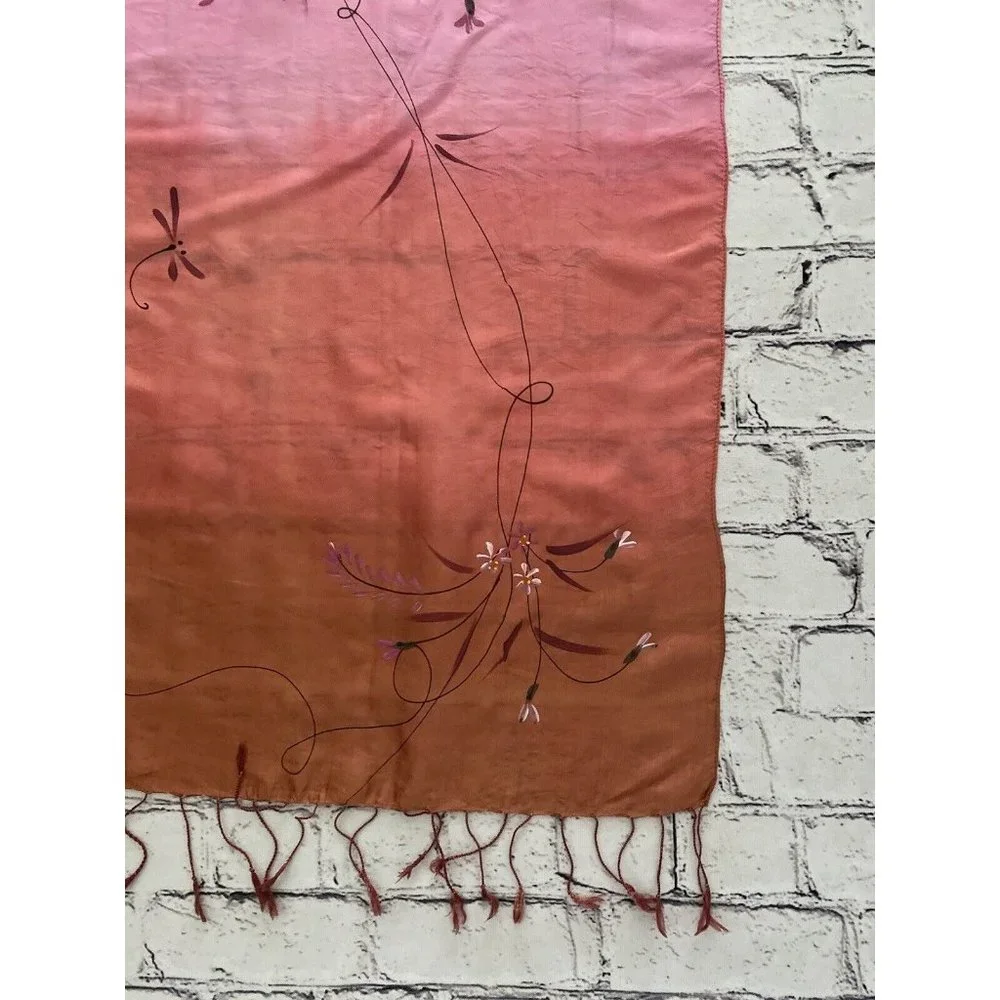 100% Silk Hand‎ Painted Rectangular Scarf Dragonfly Design 16